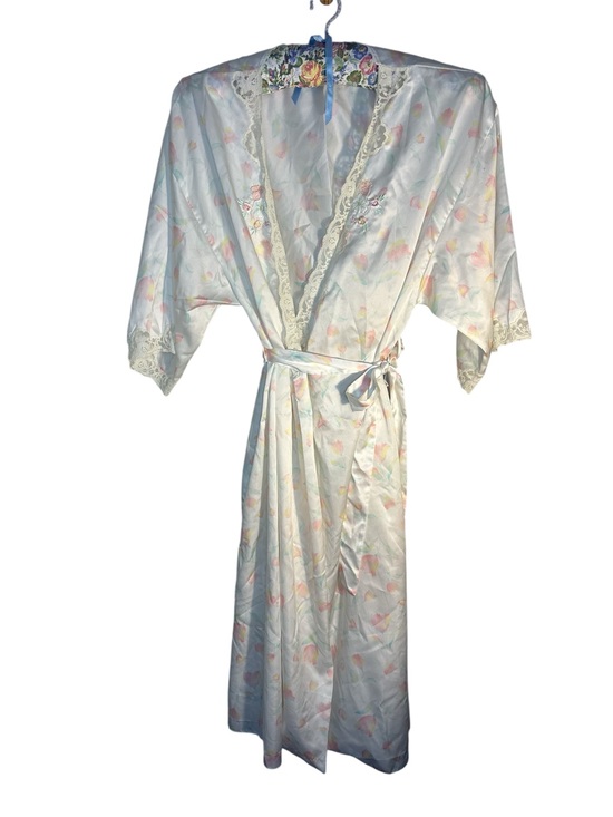 Sara Beth Other - Vintage Sara Beth Satin White Floral Lace Long Belted Robe 80s Retro